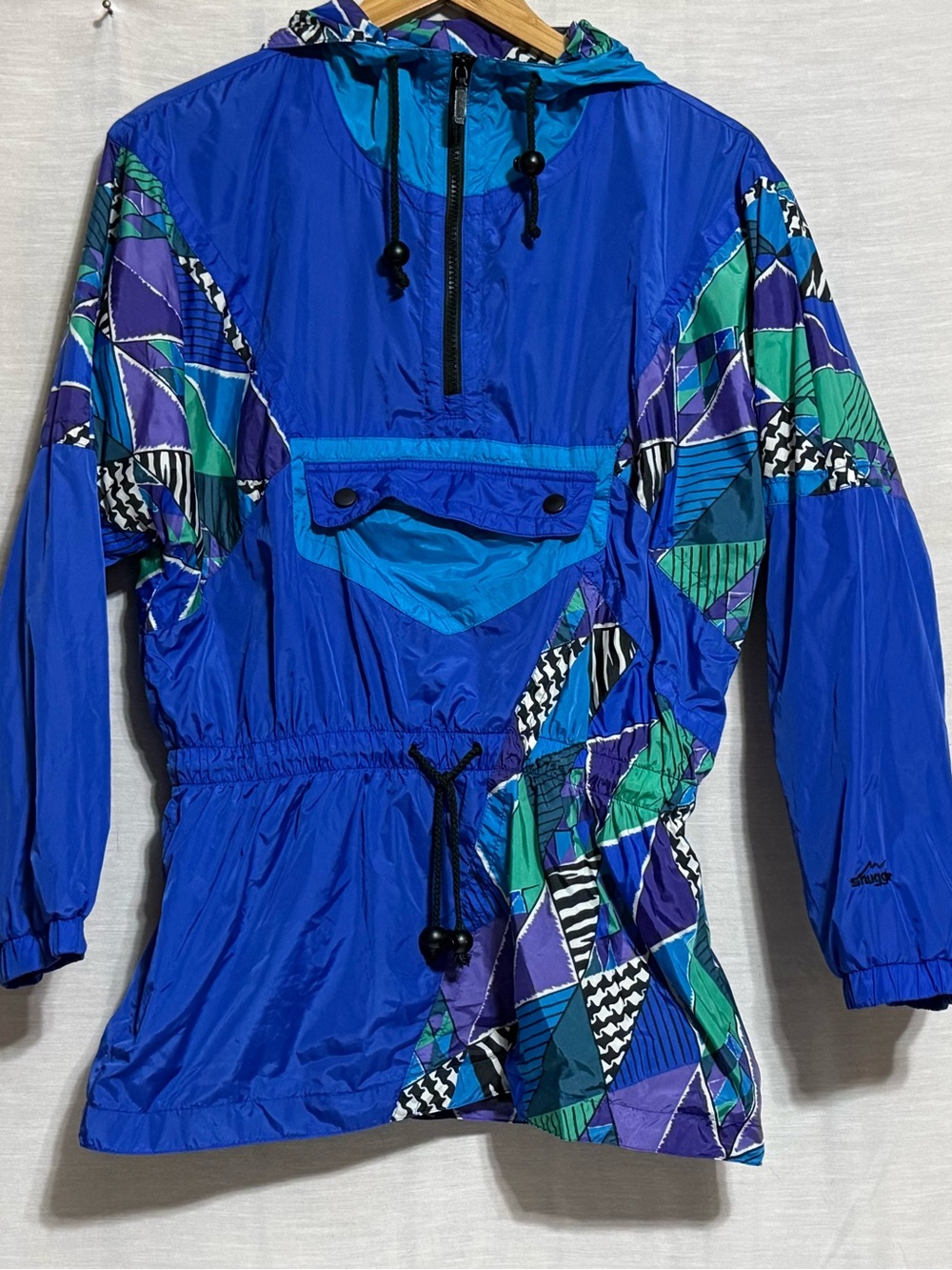 Vintage Snuggler Blue Geometric Hooded Windbreaker Pullover Jacket M